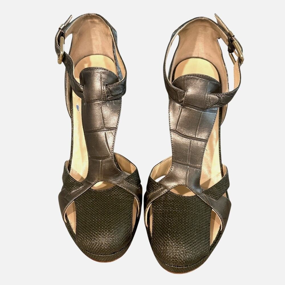 Versace Croc Embossed Leather & Raffia Ankle T Strap Olive green sandals Size 38